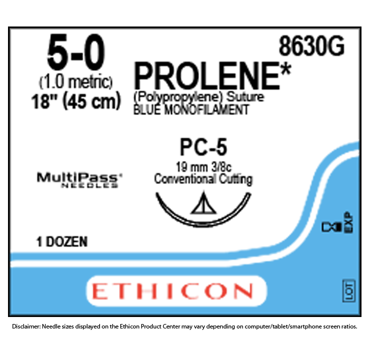 Suture with Needle Prolene™ Nonabsorbable Uncoated Blue Suture Monofilament Polypropylene Suture Size 5 - 0 18 Inch Suture 1-Needle 19 mm Length 3/8 Circle Precision Cosmetic - Conventional Cutting PRIME Needle by Ethicon - Suture  J & J Healthcare System